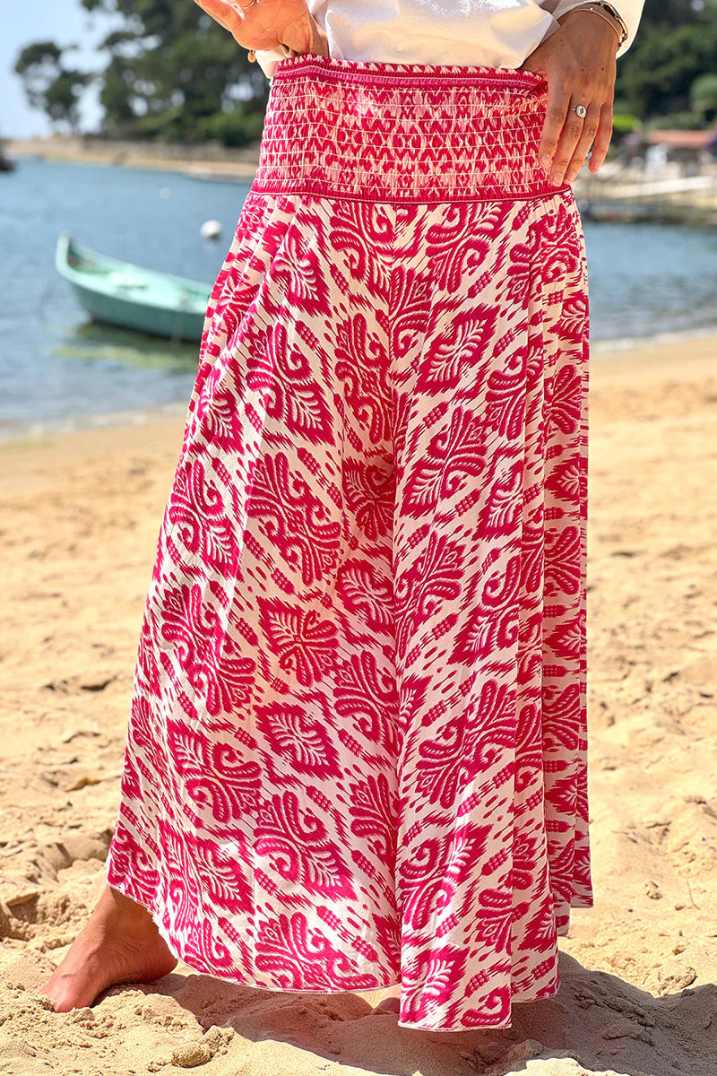 Fuchsia Batik Scroll Wide-Leg Pants