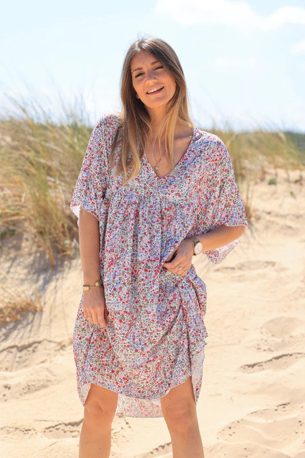 Fuchsia Liberty Print Flowing Smock Dress Jeanne