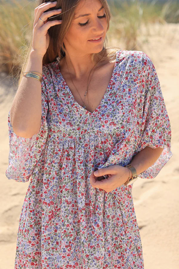 Fuchsia Liberty Print Flowing Smock Dress Jeanne