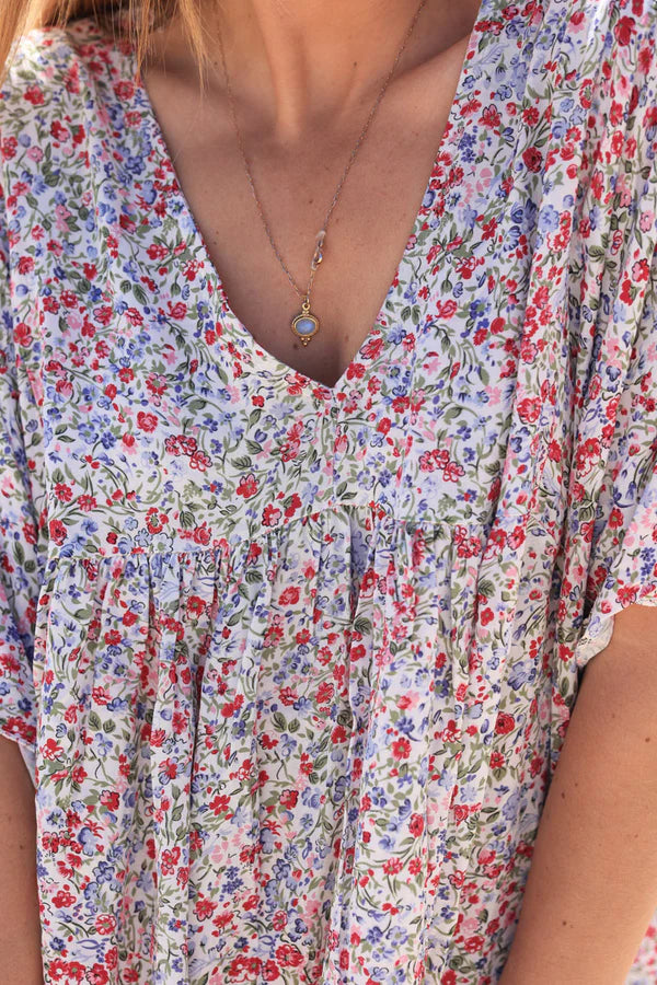 Fuchsia Liberty Print Flowing Smock Dress Jeanne