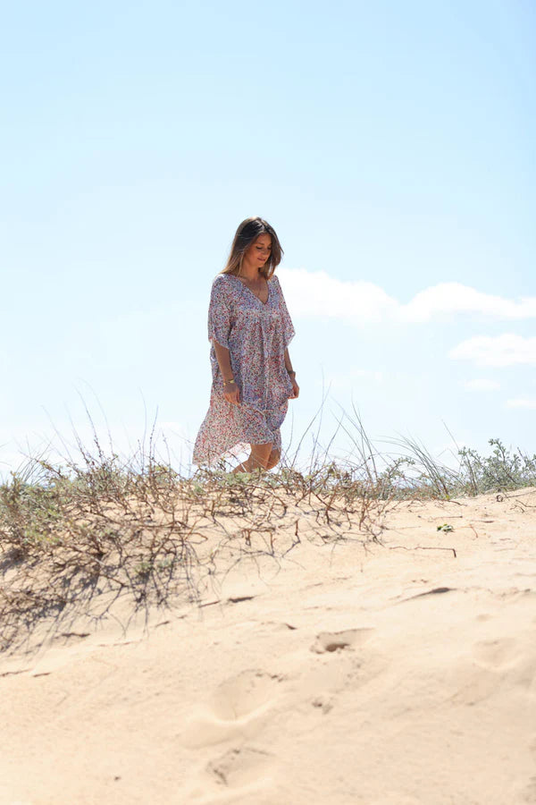 Fuchsia Liberty Print Flowing Smock Dress Jeanne