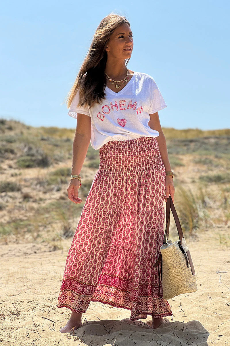 Fuchsia Pink Batik Print Boho Skirt