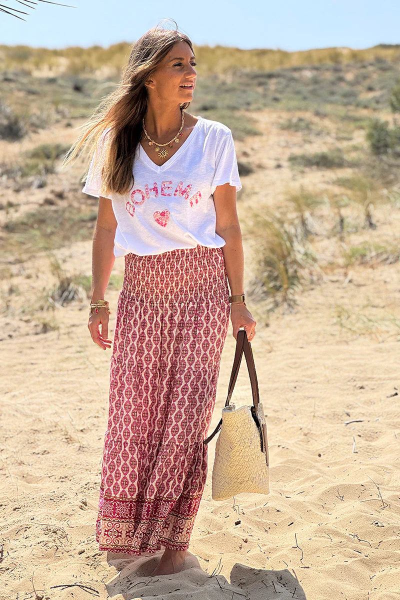 Fuchsia Pink Batik Print Boho Skirt