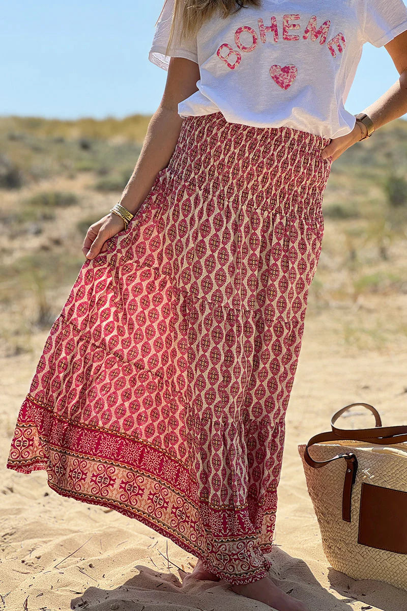 Fuchsia Pink Batik Print Boho Skirt