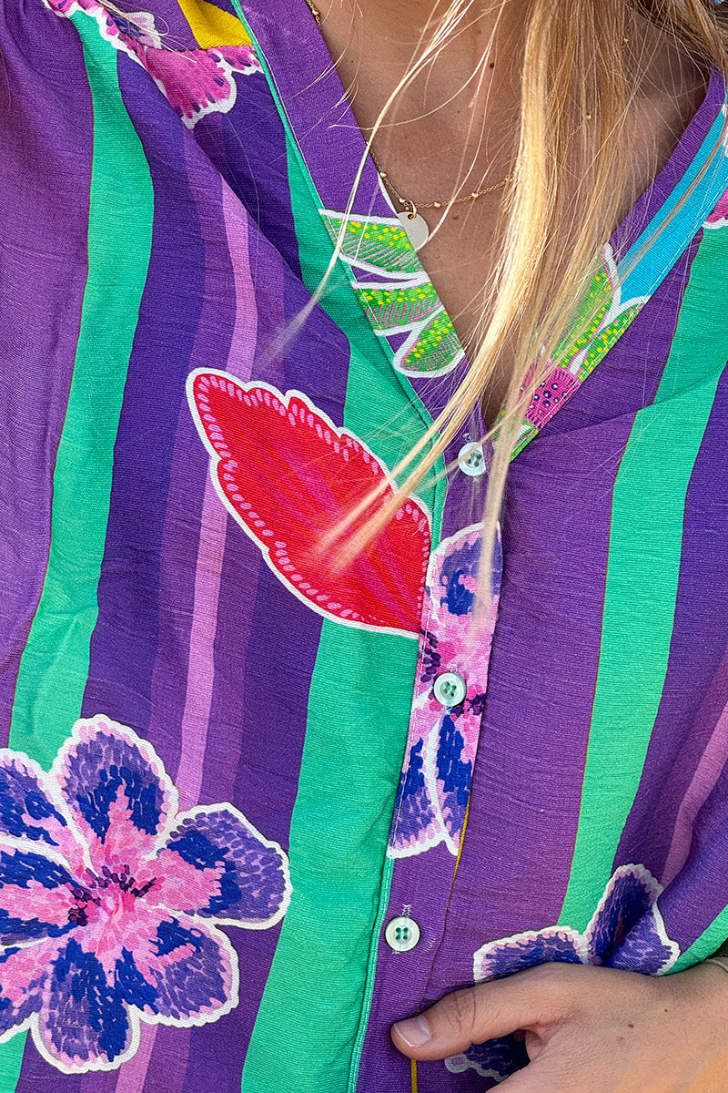 Green Floral Stripe Boho Art Blouse