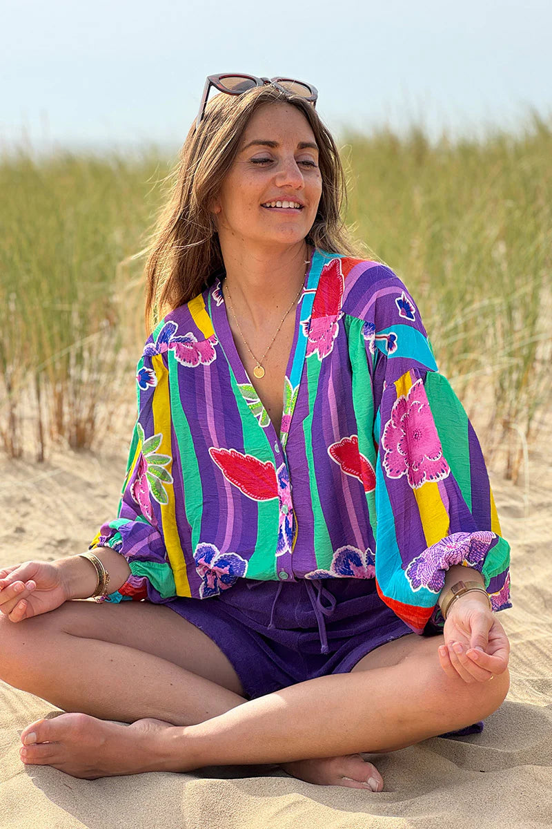 Green Floral Stripe Boho Art Blouse
