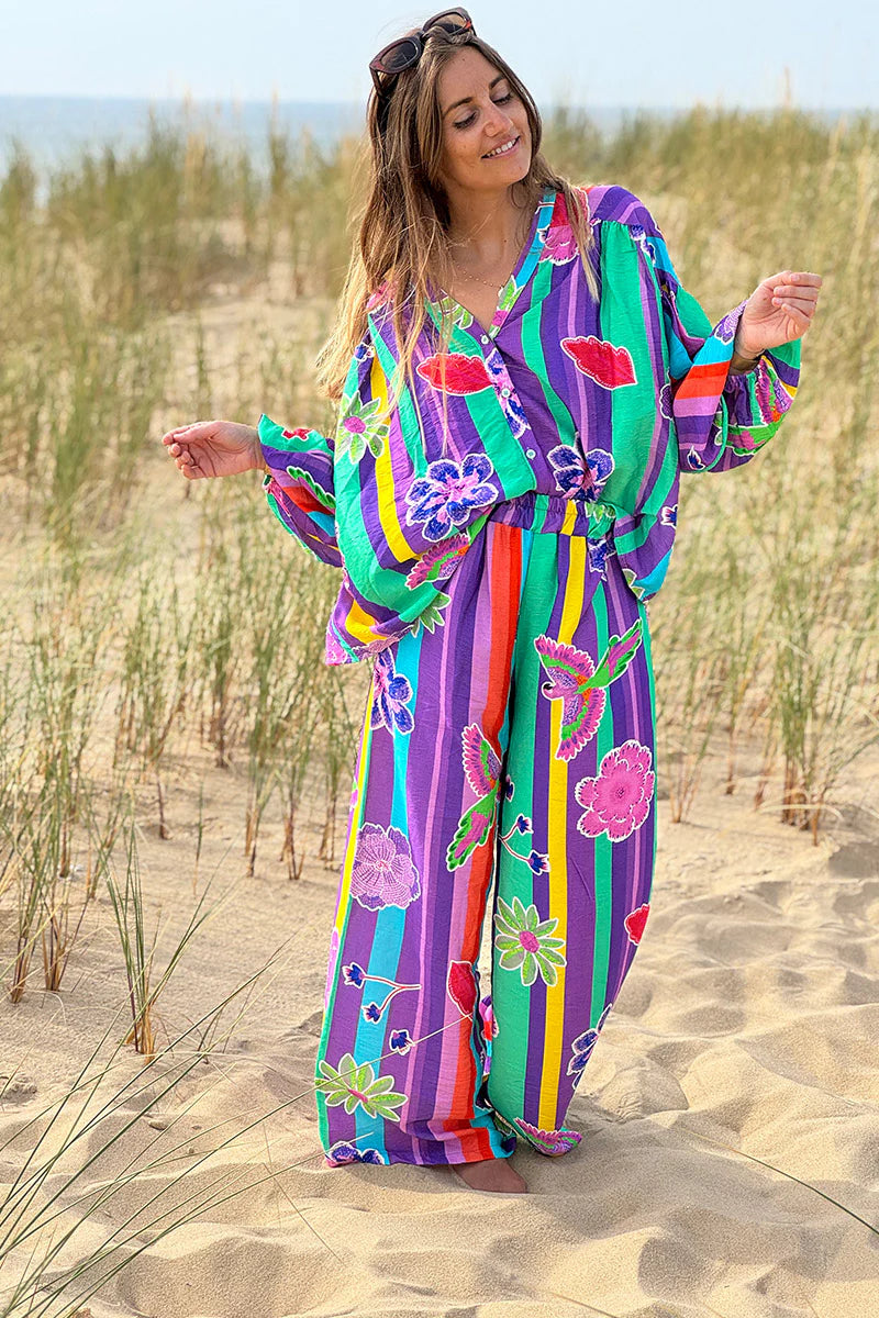 Green Floral Stripe Boho Art Blouse
