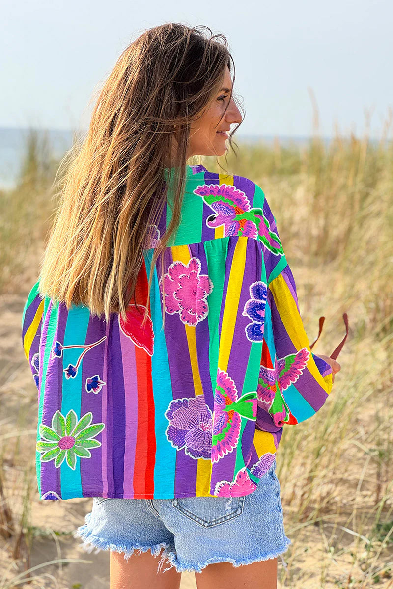 Green Floral Stripe Boho Art Blouse
