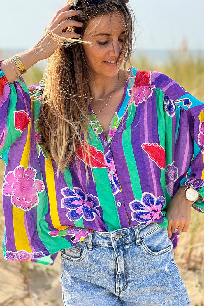 Green Floral Stripe Boho Art Blouse