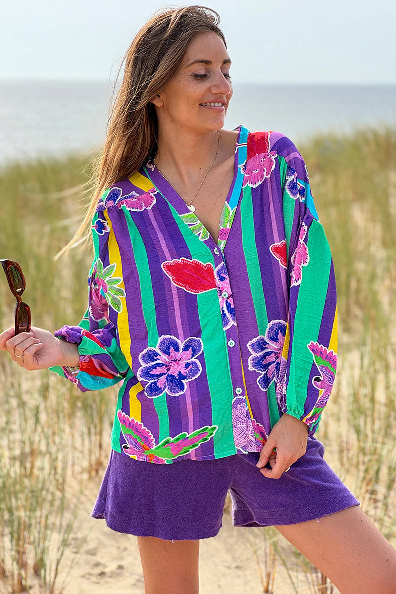 Green Floral Stripe Boho Art Blouse