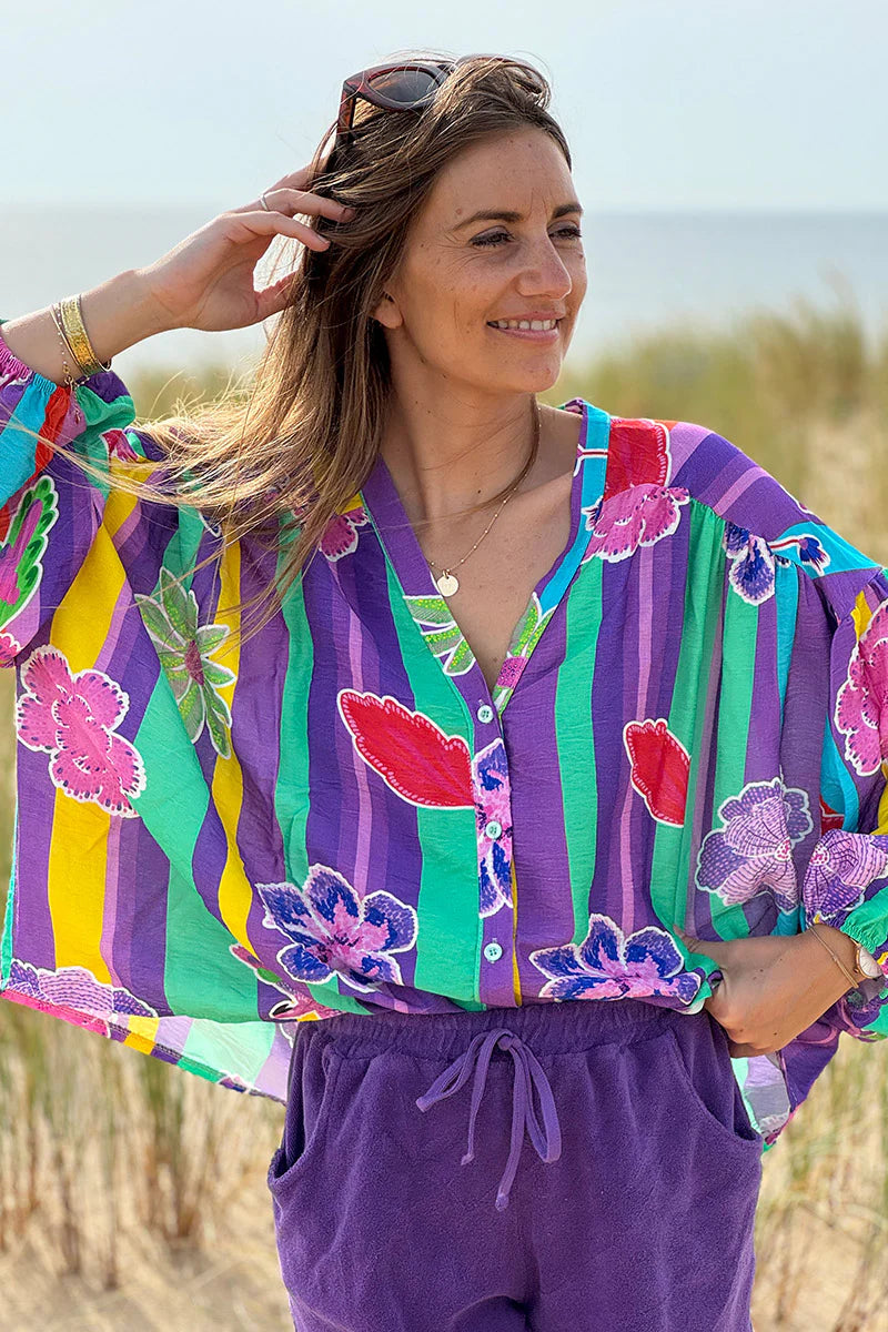 Green Floral Stripe Boho Art Blouse