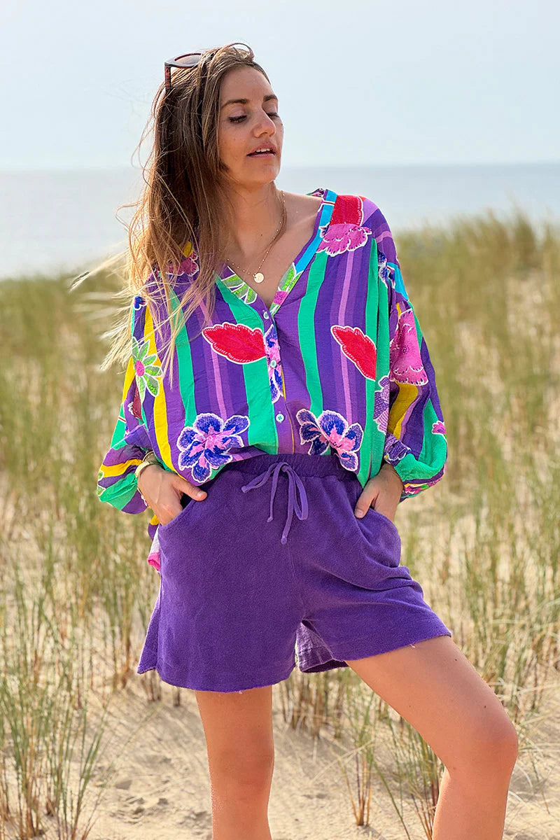 Green Floral Stripe Boho Art Blouse