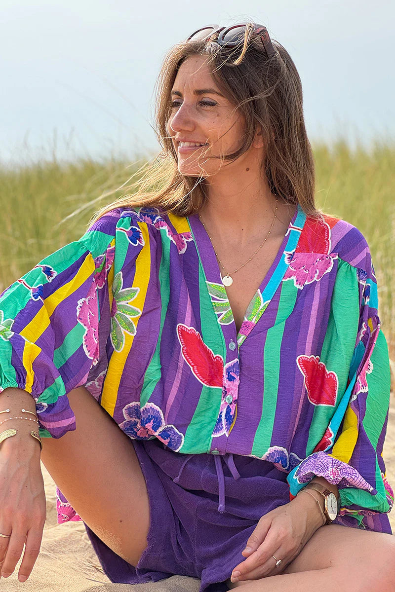 Green Floral Stripe Boho Art Blouse