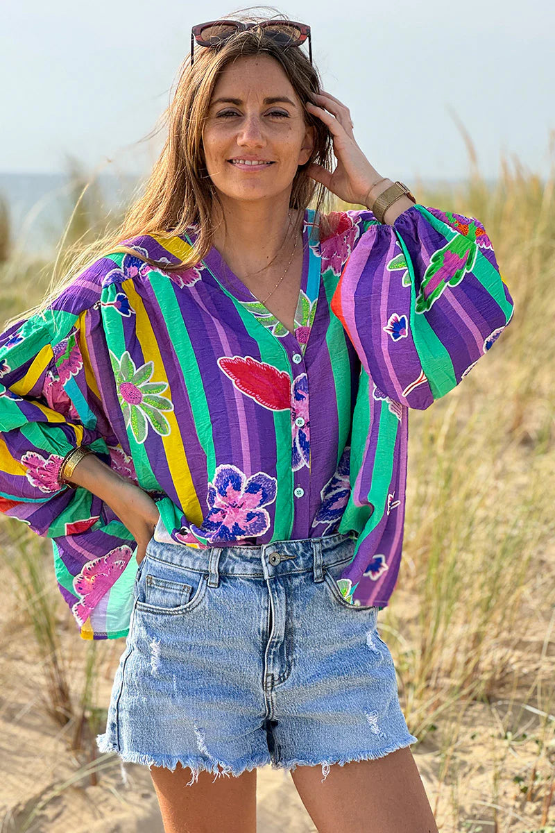 Green Floral Stripe Boho Art Blouse