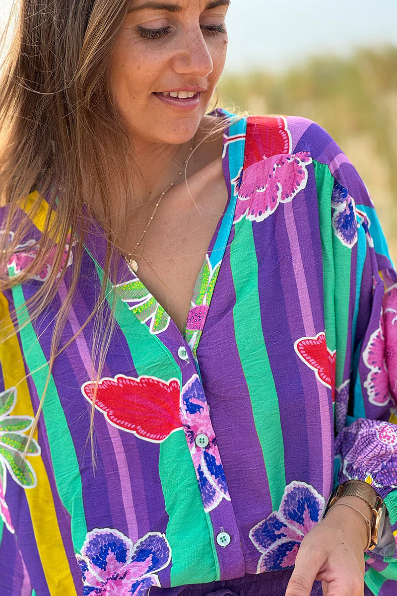 Green Floral Stripe Boho Art Blouse
