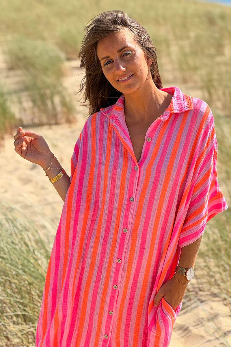 Hot Pink Striped Cabana Shirt Dress