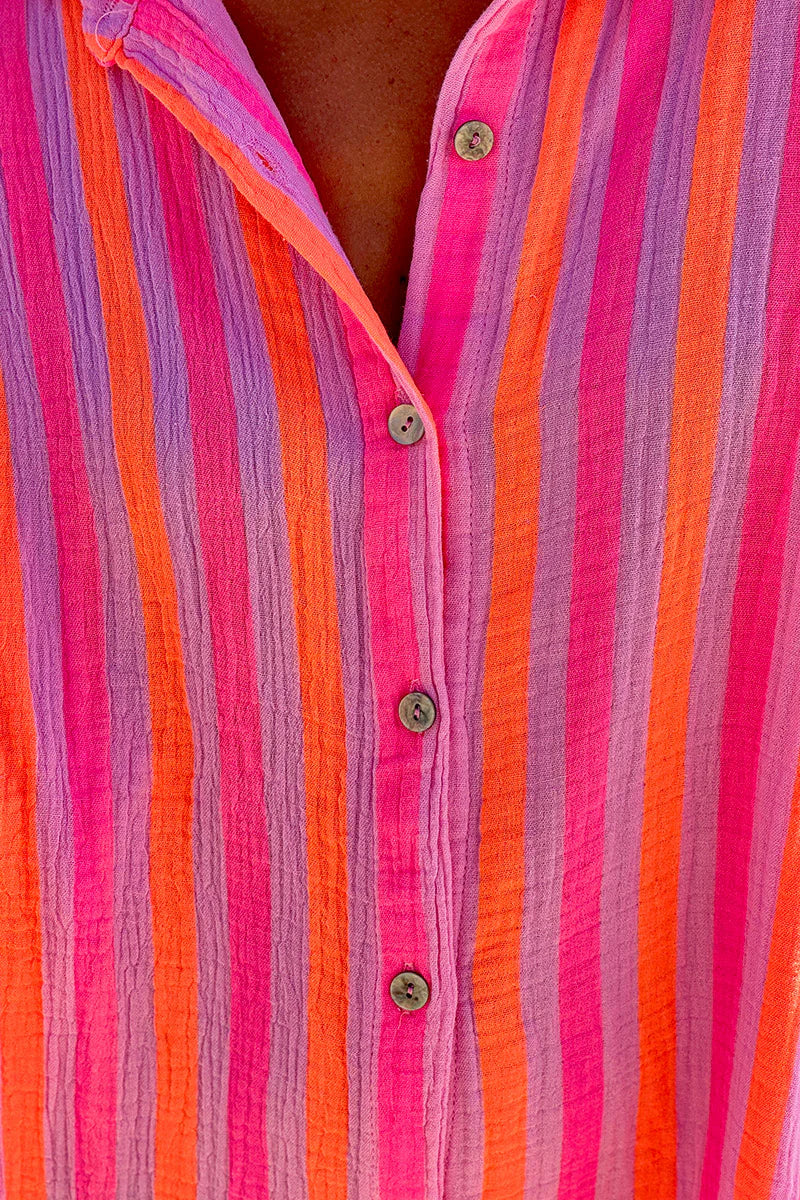 Hot Pink Striped Cabana Shirt Dress