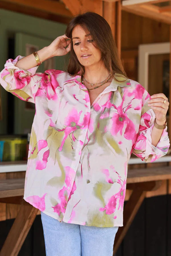 Hot pink Tie-Dye Button-Down Blouse