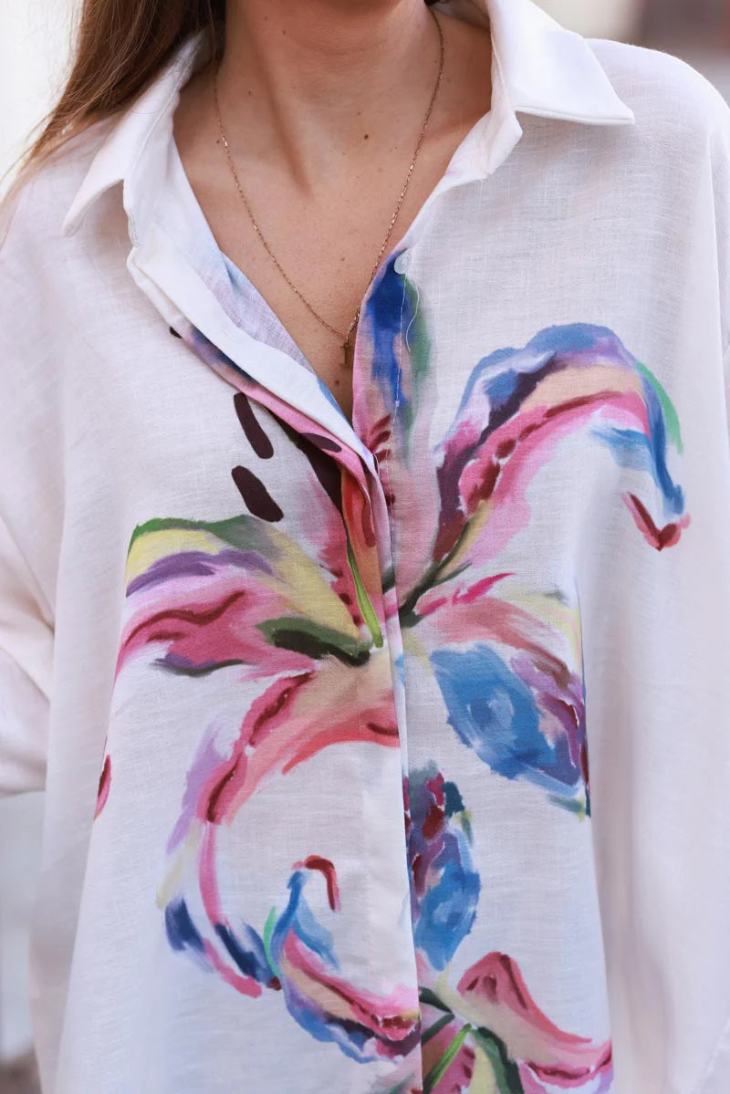 Ivory Watercolor Hibiscus Button-Down Blouse