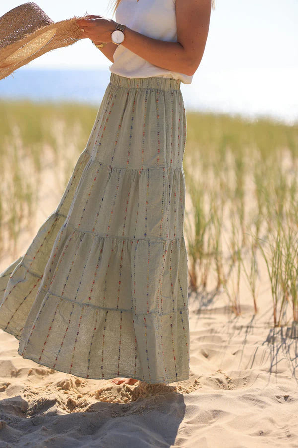 Khaki cotton and linen skirt with colored threads