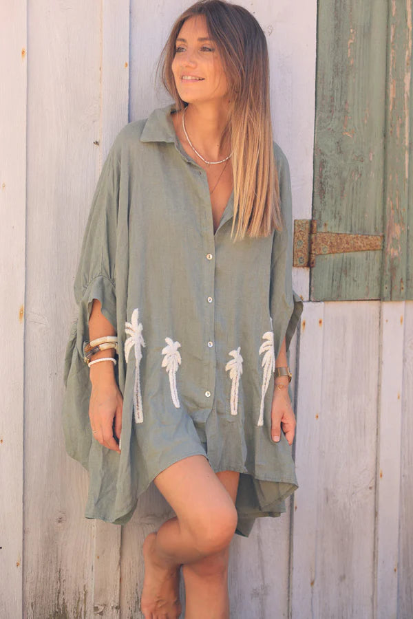 Khaki Linen Blend Oversized Button-Down Shirt with Palm Tree in Boucle