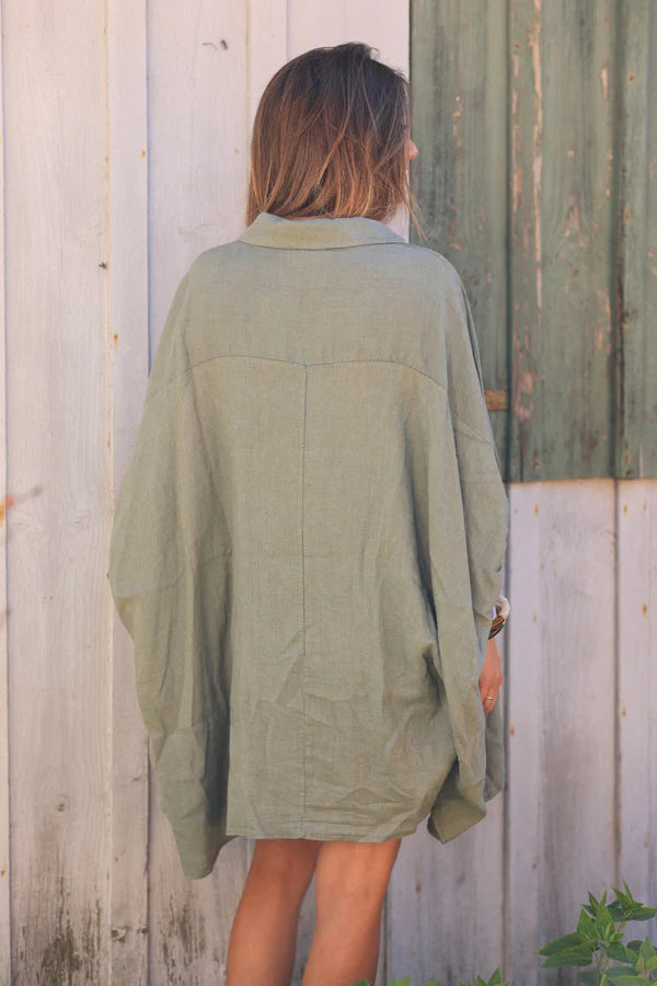 Khaki Linen Blend Oversized Button-Down Shirt with Palm Tree in Boucle