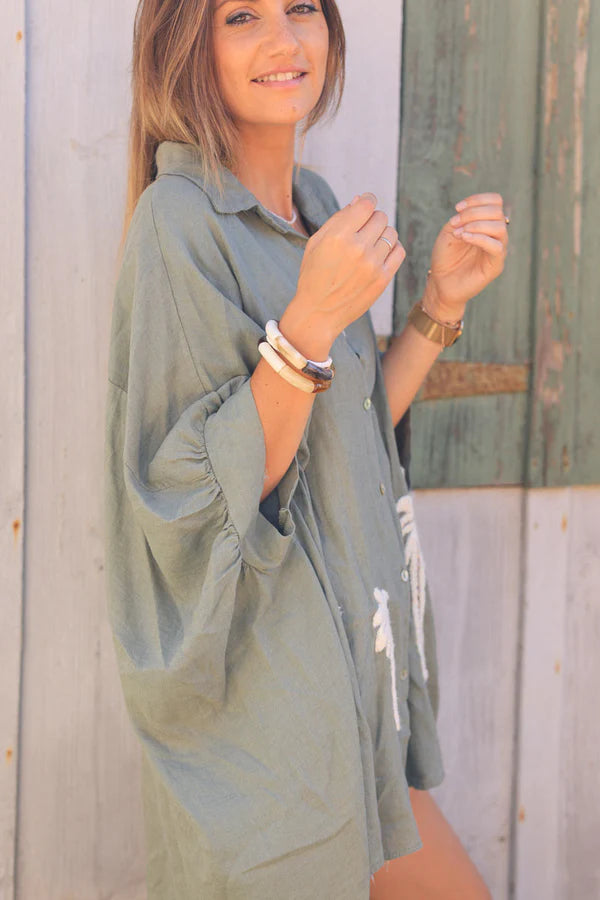 Khaki Linen Blend Oversized Button-Down Shirt with Palm Tree in Boucle