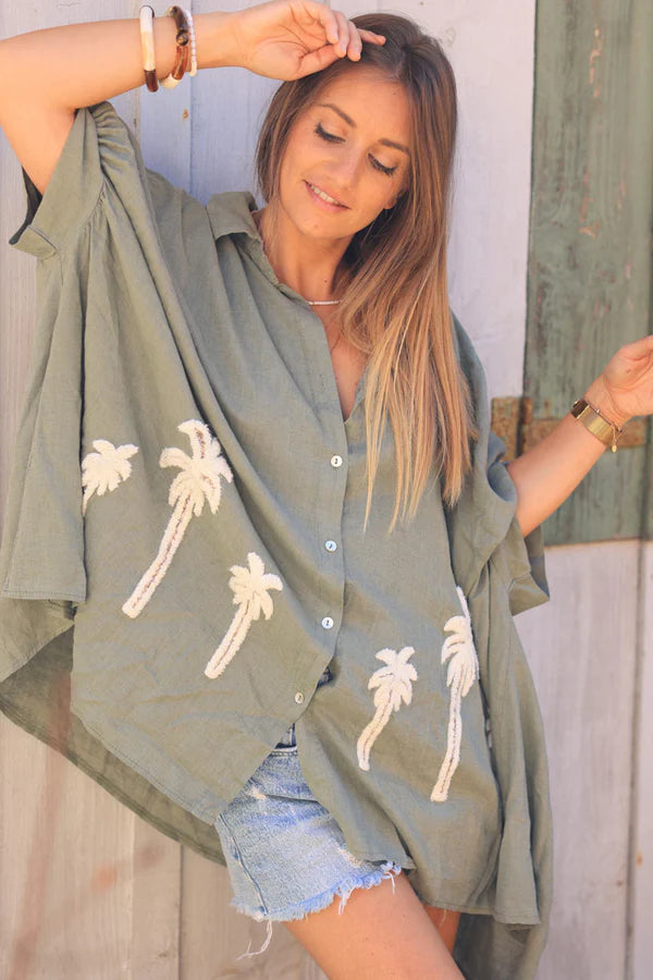 Khaki Linen Blend Oversized Button-Down Shirt with Palm Tree in Boucle