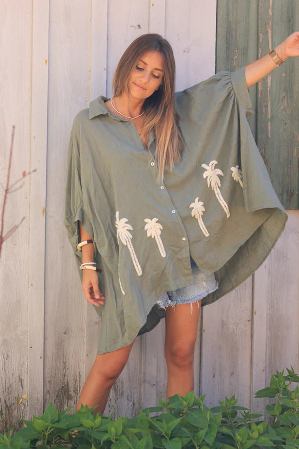 Khaki Linen Blend Oversized Button-Down Shirt with Palm Tree in Boucle