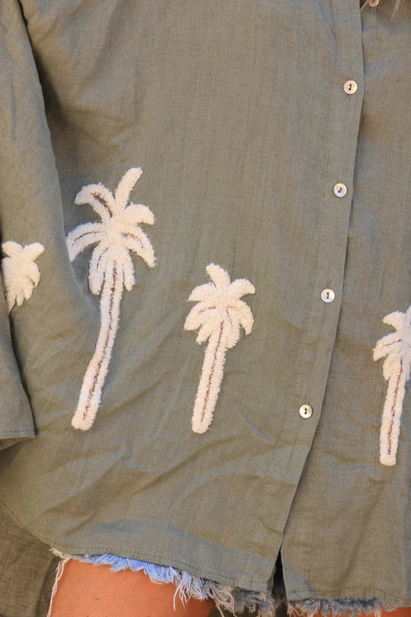 Khaki Linen Blend Oversized Button-Down Shirt with Palm Tree in Boucle