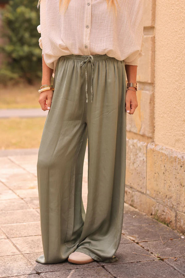 Olive Silky Wide-Leg Floaty Pants
