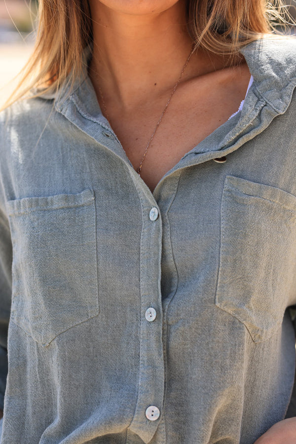 Olive soft cotton blouse with 3/4 sleeves and large pockets