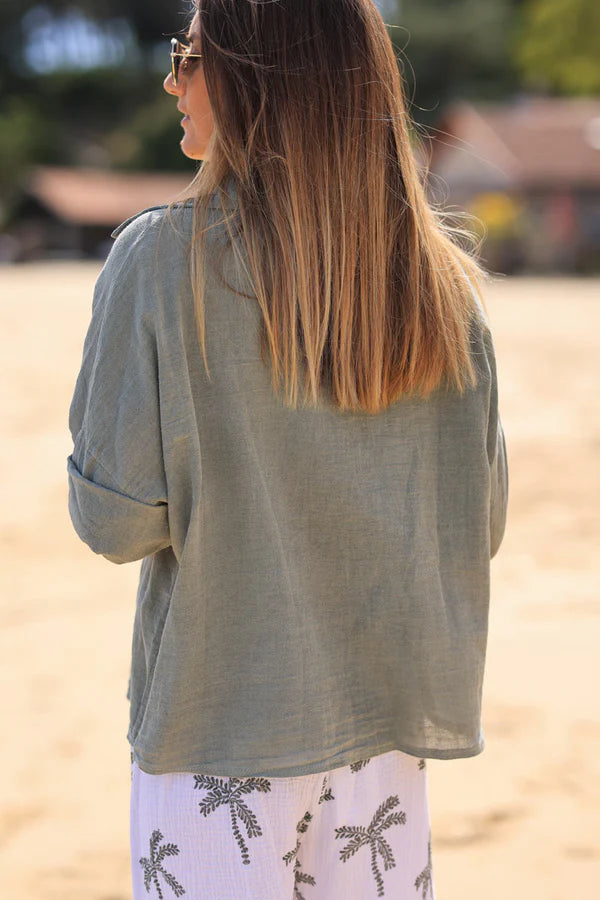 Olive soft cotton blouse with 3/4 sleeves and large pockets