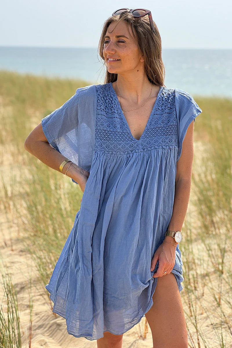 Lavender Blue Floaty Cotton Dress with Lace Top