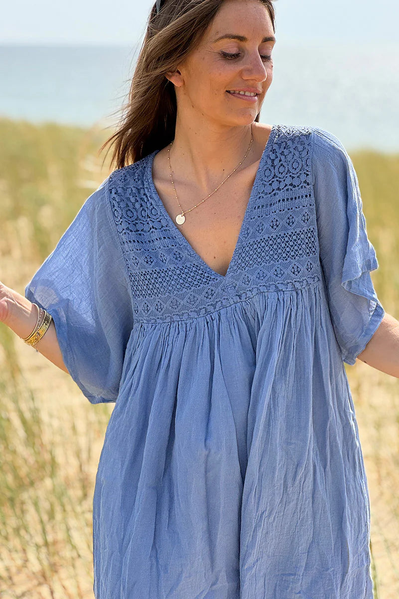 Lavender Blue Floaty Cotton Dress with Lace Top