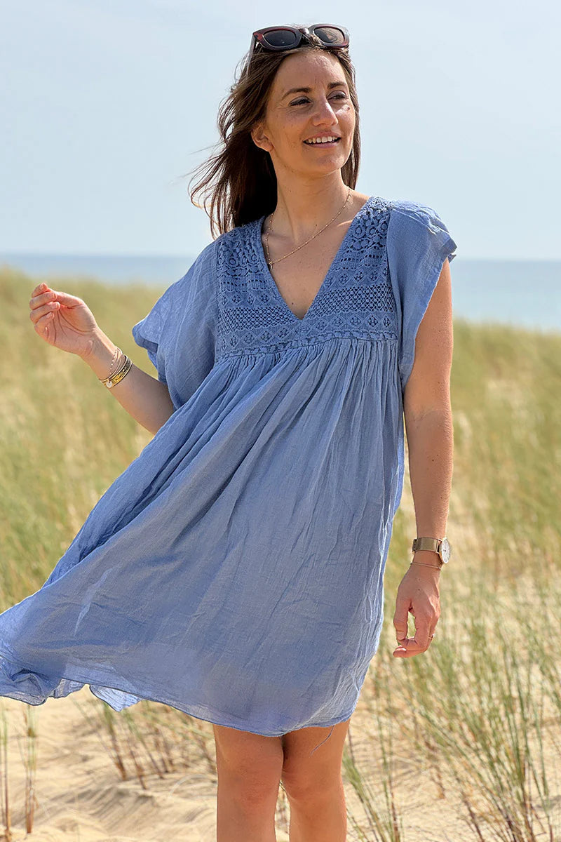 Lavender Blue Floaty Cotton Dress with Lace Top