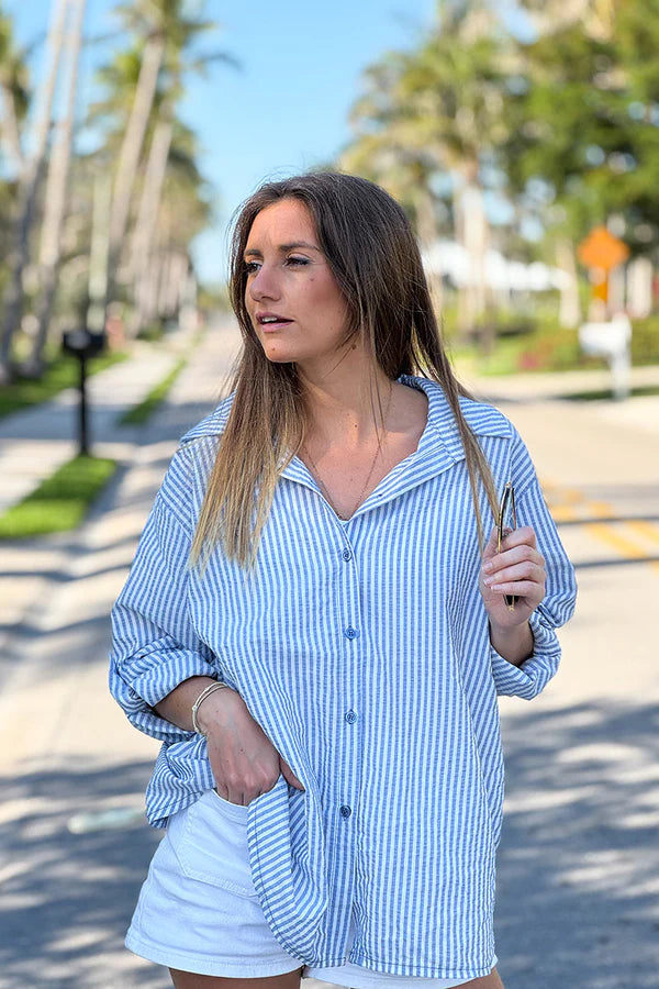 Light Blue Pinstripe Linen Button-Down Shirt