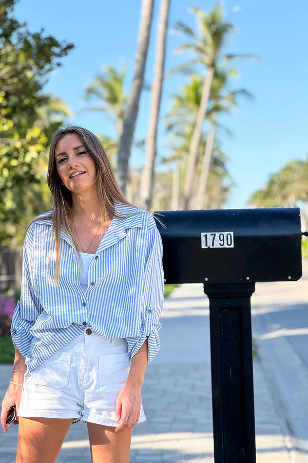 Light Blue Pinstripe Linen Button-Down Shirt