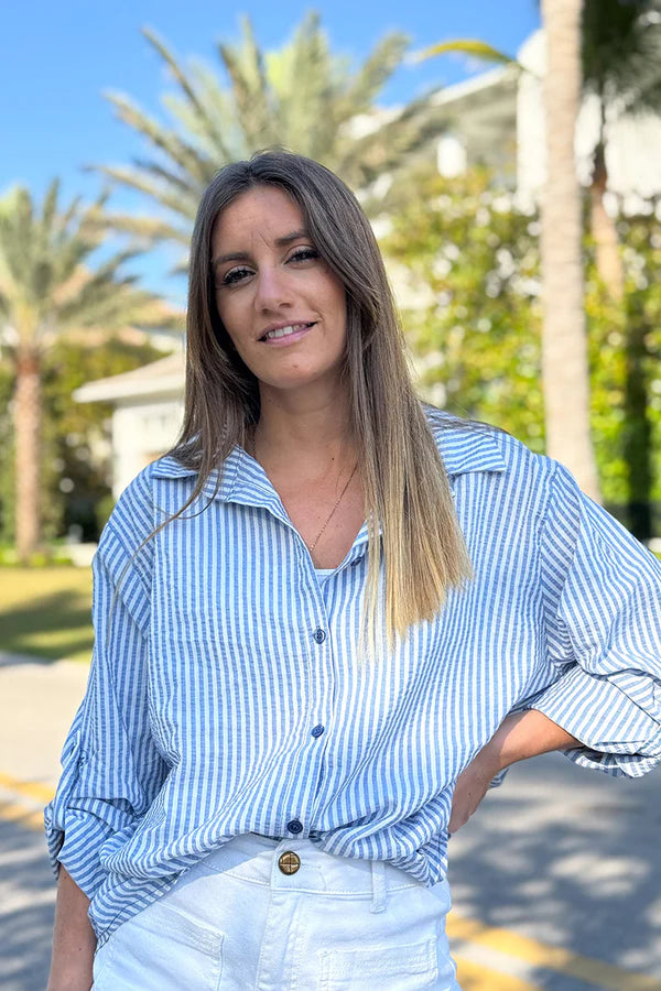 Light Blue Pinstripe Linen Button-Down Shirt