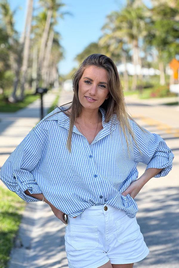 Light Blue Pinstripe Linen Button-Down Shirt