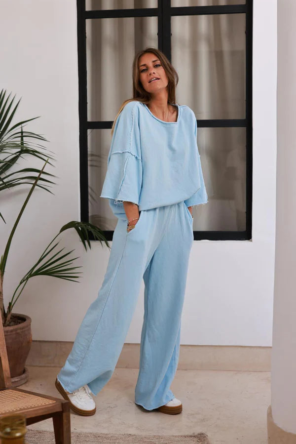 Light Blue Raw Hem Casual Jersey Pants