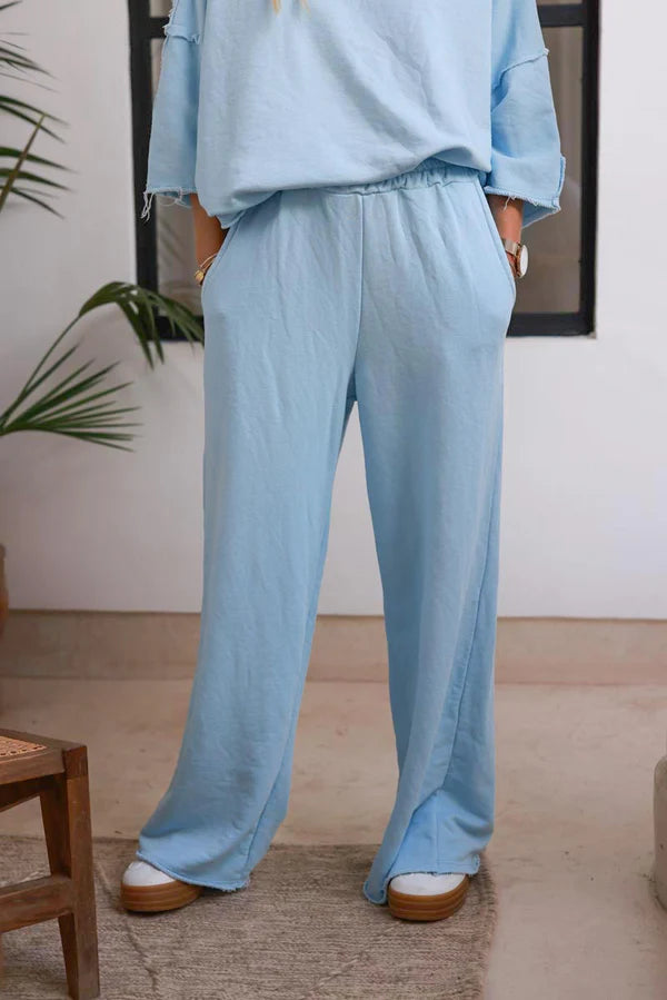 Light Blue Raw Hem Casual Jersey Pants