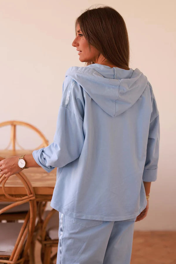 Light blue Satin Stripe Stretch Knit Zip Hoodie