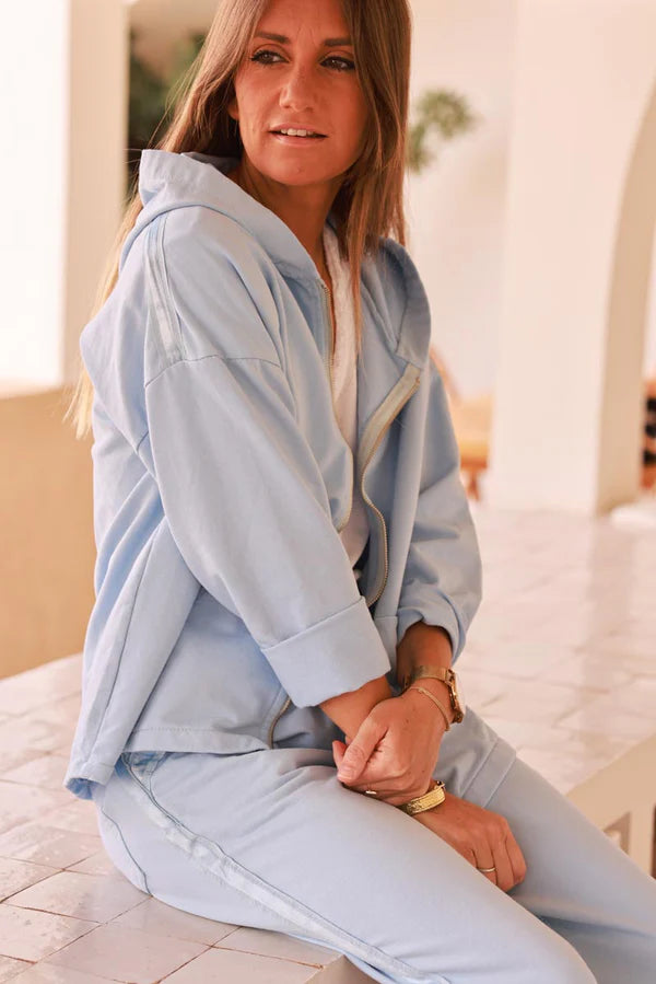 Light blue Satin Stripe Stretch Knit Zip Hoodie