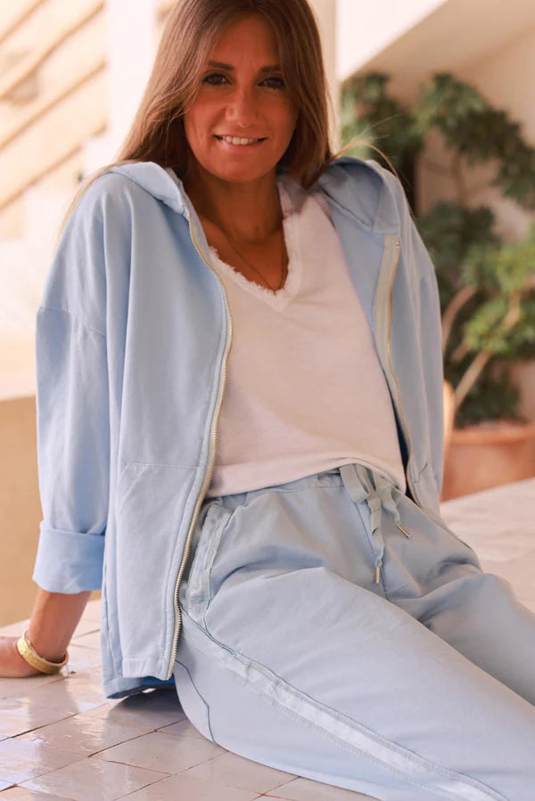 Light blue Satin Stripe Stretch Knit Zip Hoodie