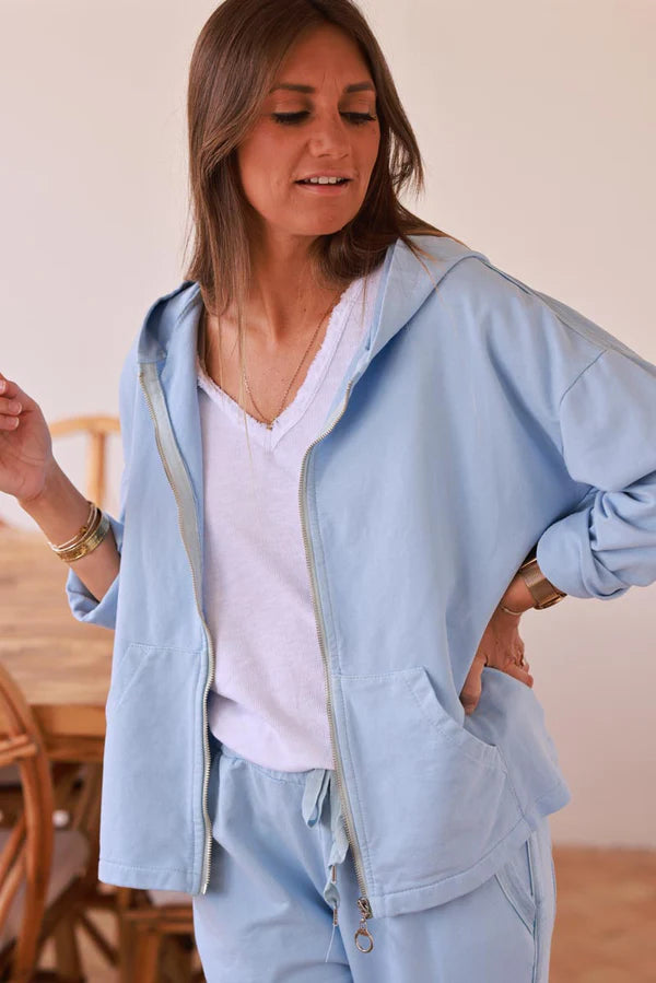 Light blue Satin Stripe Stretch Knit Zip Hoodie