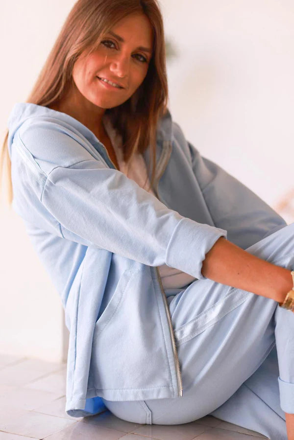 Light blue Satin Stripe Stretch Knit Zip Hoodie