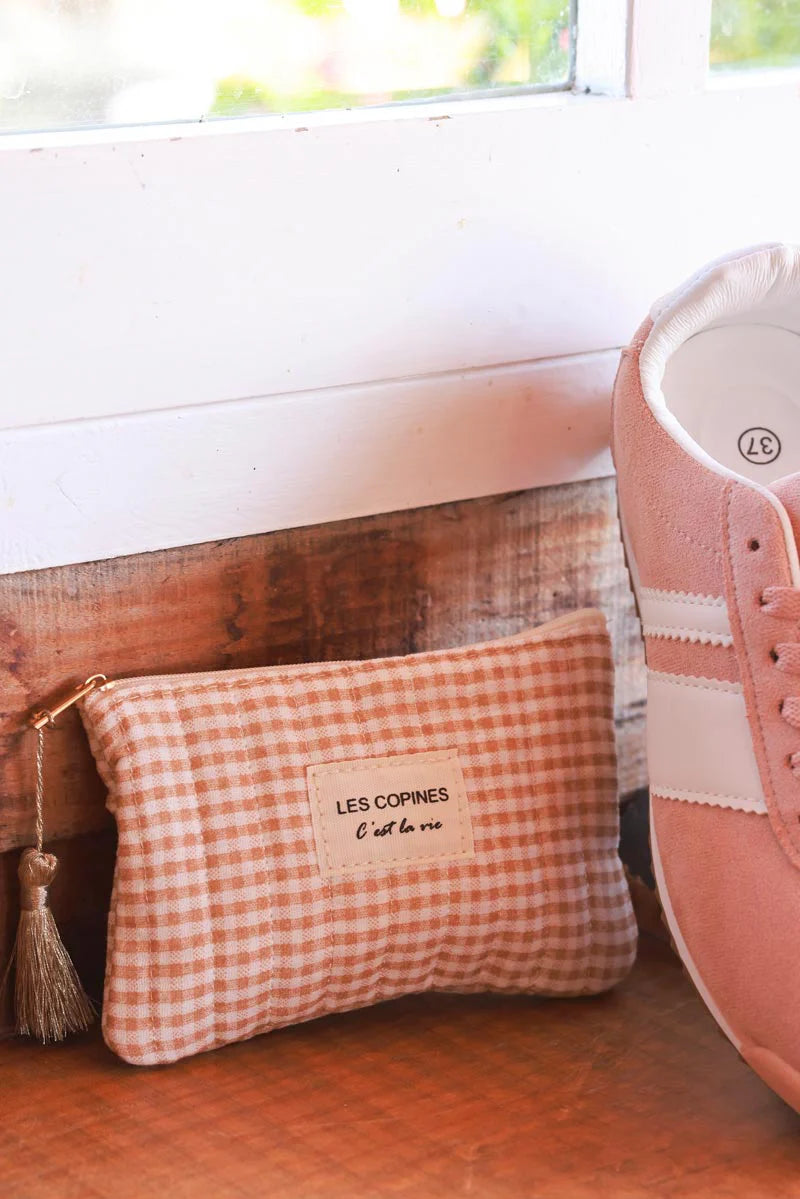 Light Brown Gingham French Girlfriends Travel Pouch