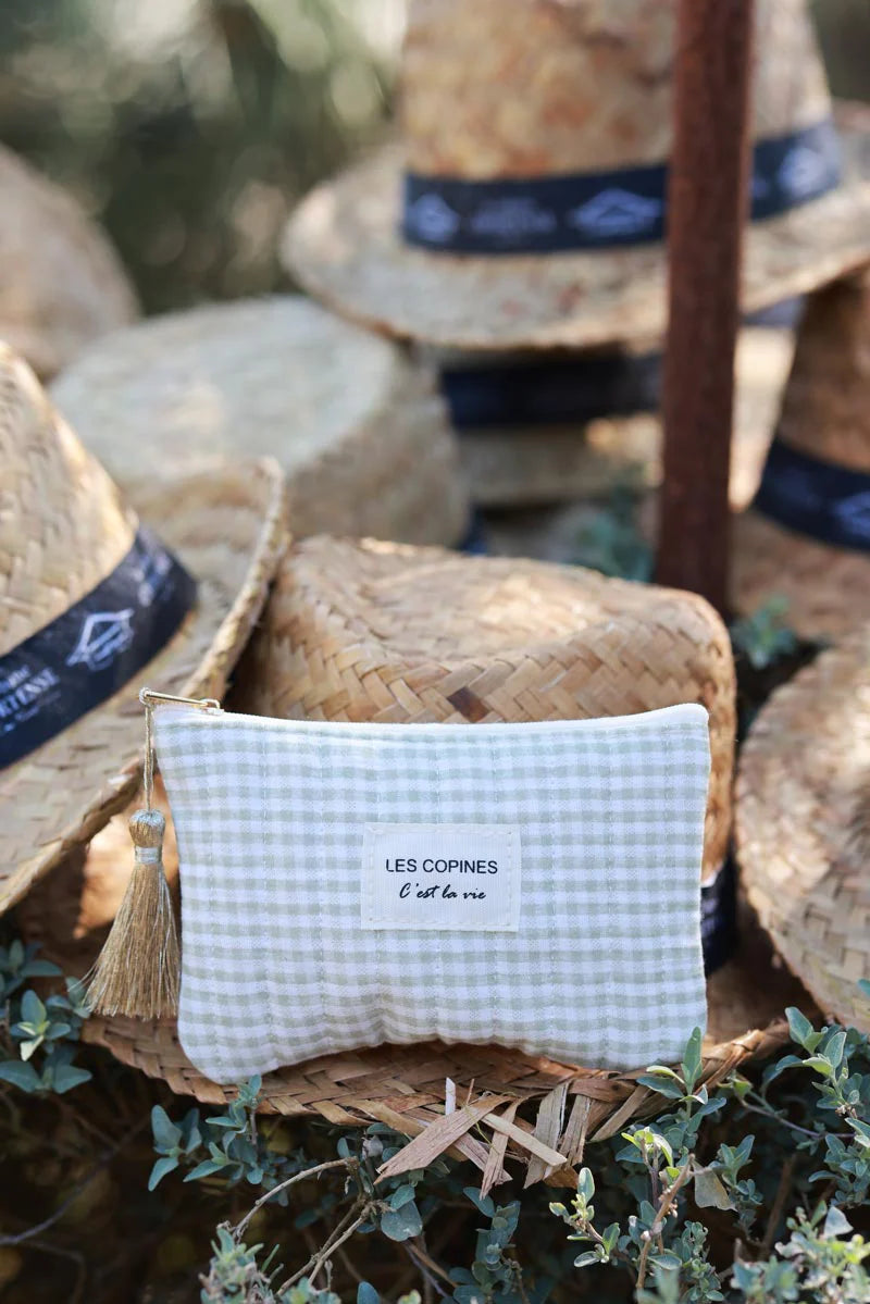 Light Olive Gingham French Girlfriends Travel Pouch