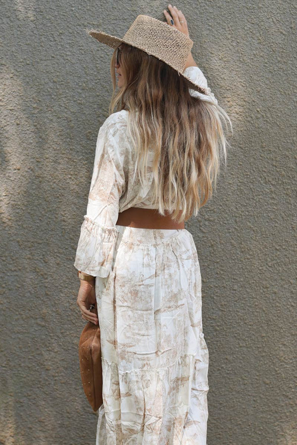 Back - Model wearing Tiered Maxi Dress With Toile De Jouy Beige Print